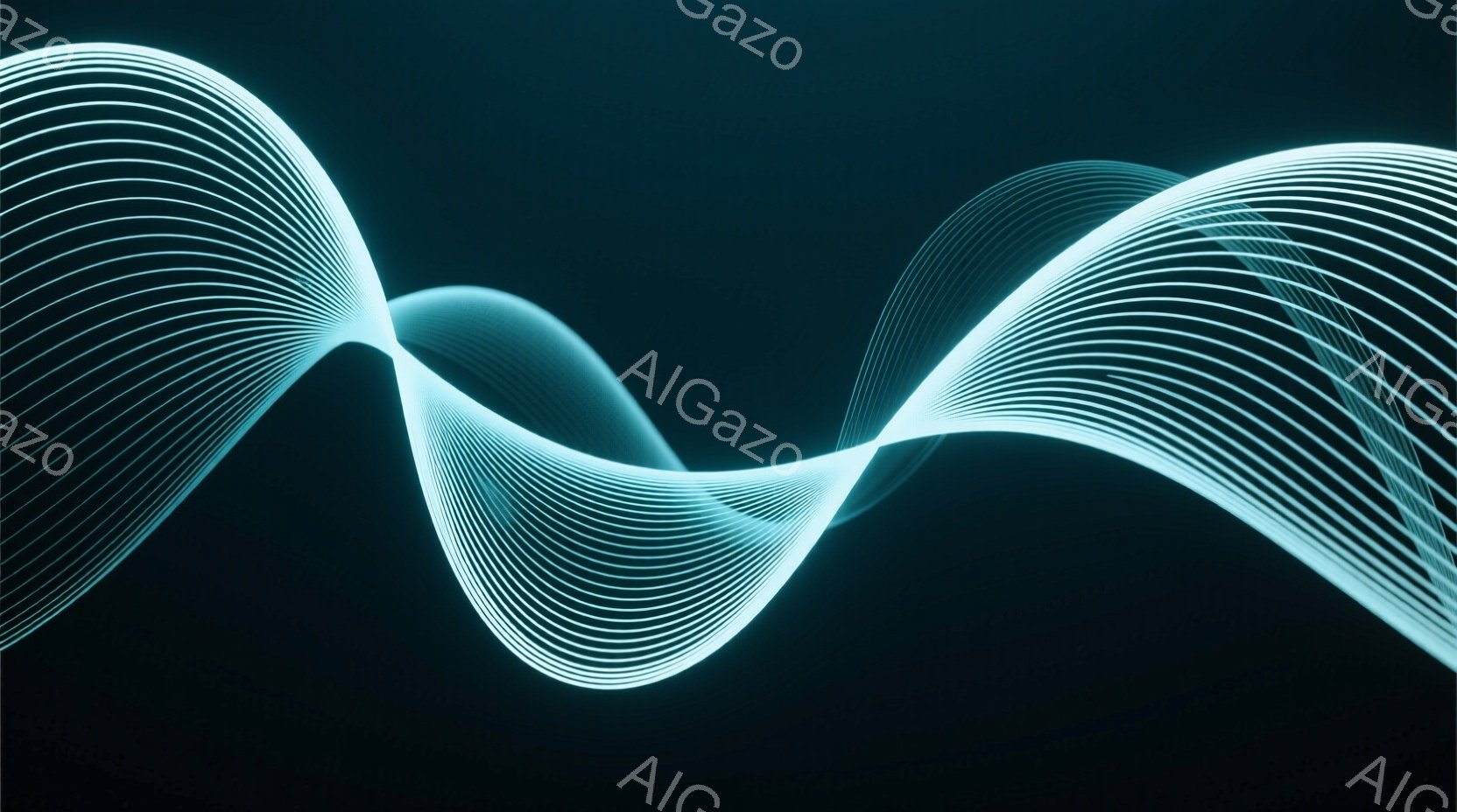 暗い背景に、ターコイズブルーの光の線が曲線を描いて流れています。まるでエネルギーの流れや音の波形を視覚化したような、流麗で未来的な印象を与えます。光の線は細く、鮮やかで、見る者の視線を自然と引き込みま - AI生成フリー素材