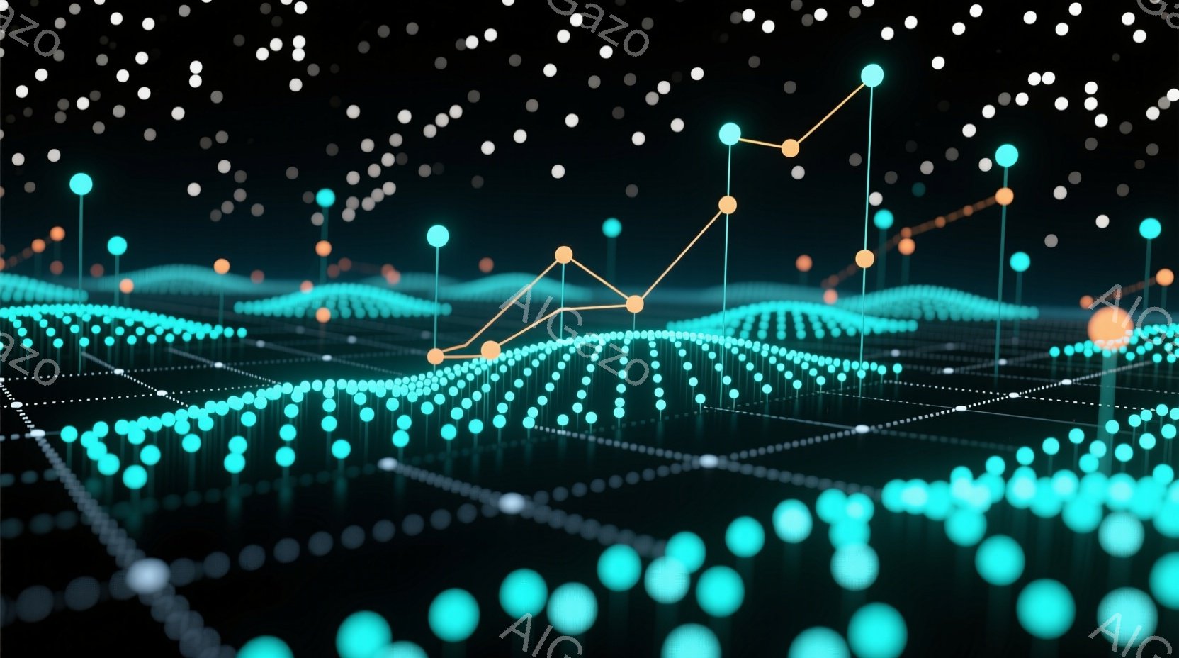 鮮やかなターコイズブルーとオレンジ色の光点が、暗い背景に浮かび上がる抽象的な風景が描かれています。光点は線で繋がれ、まるでデータやネットワークの視覚化のようであり、未来的な雰囲気を醸し出しています。全 - AI生成フリー素材