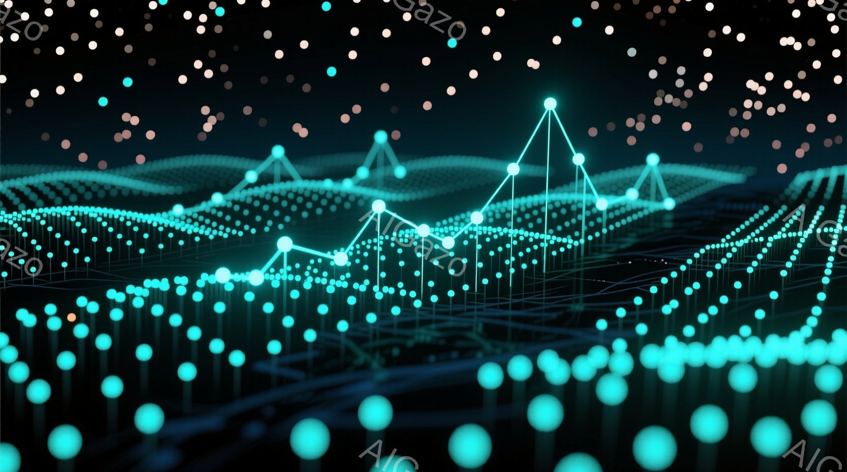 この画像は、未来的な青色の光の点と線で構成された抽象的な風景を描いています。点線は、山脈や丘陵のような起伏のある地形を形成し、まるでデータやネットワークの視覚化のようです。全体的に、夜空のような暗い背景に光る点が散りばめられており、幻想的でテクノロジーを感じさせる雰囲気が漂っています。