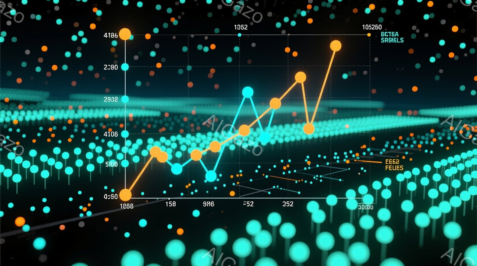 暗い背景に、多数の光る球体が散りばめられています。オレンジ色の線が球体同士を結び、まるで星雲や神経回路のような複雑なネットワークを形成しています。球体には数字が記されており、全体的に未来的な科学的な雰囲気を感じさせます。