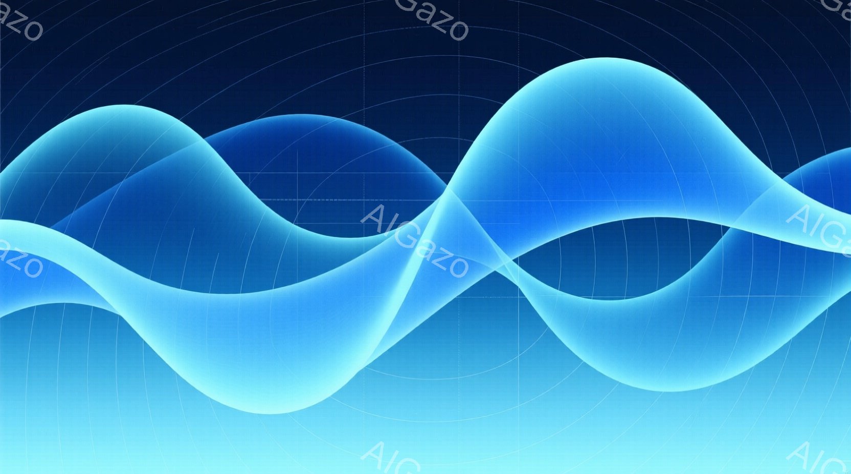 鮮やかな青色の波のような曲線が、背景の格子状のパターン上に重なり合って描かれています。曲線は光沢があり、まるでエネルギーの流れや音波を視覚化したかのようです。全体的に未来的な雰囲気で、科学技術やデジタ - AI生成フリー素材