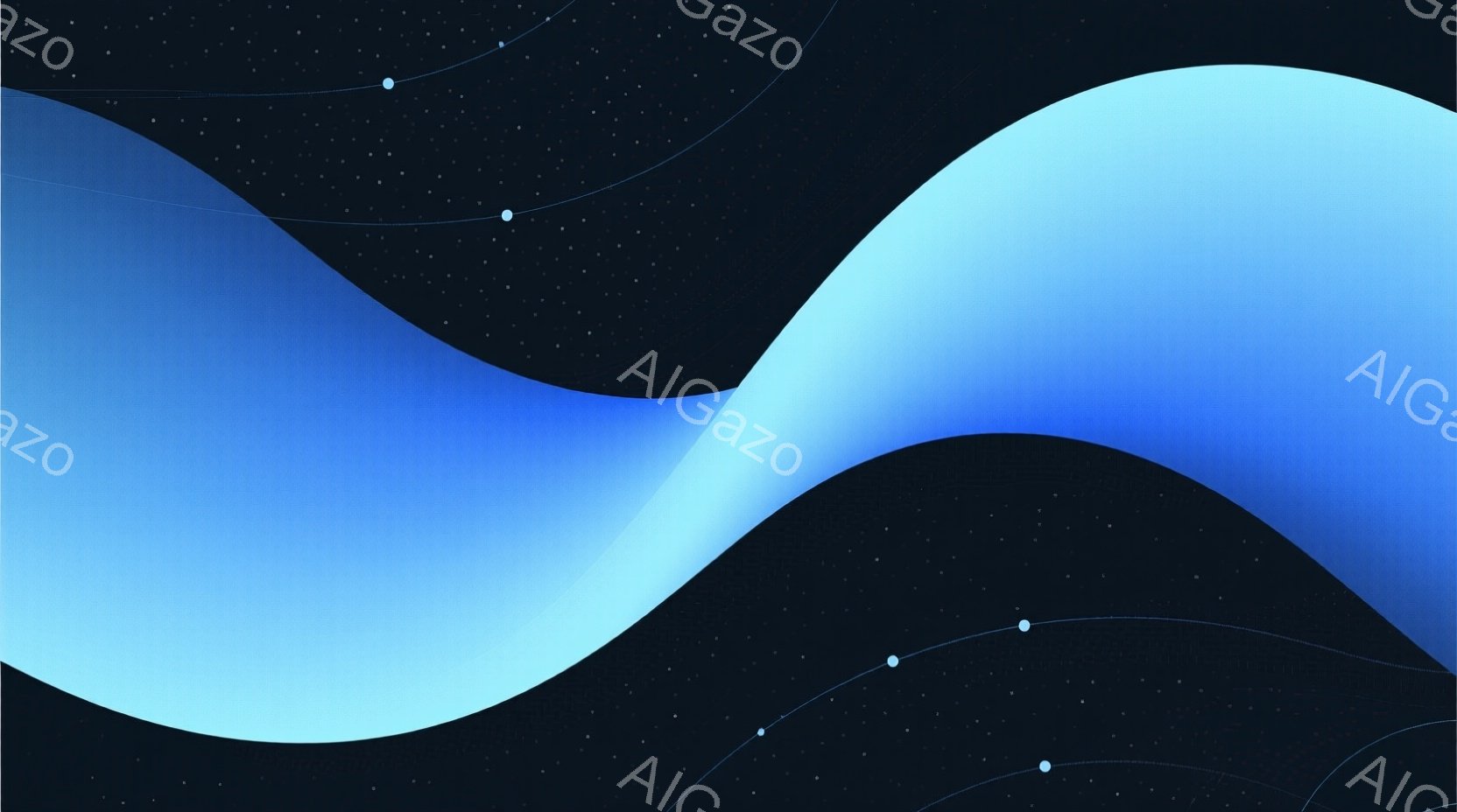 鮮やかな水色の曲線が、暗い紺色の背景を滑らかに流れるように描かれています。背景には、細い白い線が点在し、星空のような印象を与えています。全体的に、穏やかで幻想的な雰囲気を醸し出しており、抽象的な美しさが際立っています。