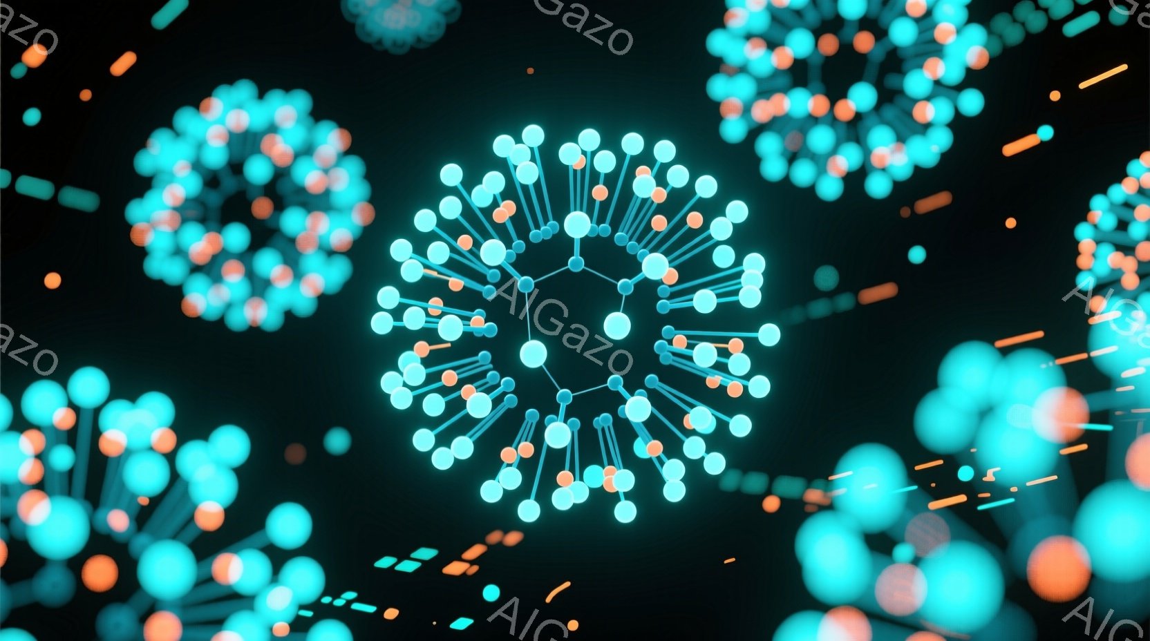 この画像は、暗い背景に浮かぶ、球状のネットワーク構造が複数描かれています。各ネットワークは、小さな光る球とそれらを繋ぐ線で構成され、複雑な繋がりを示しています。全体的に、科学的で未来的、そして微細な世 - AI生成フリー素材