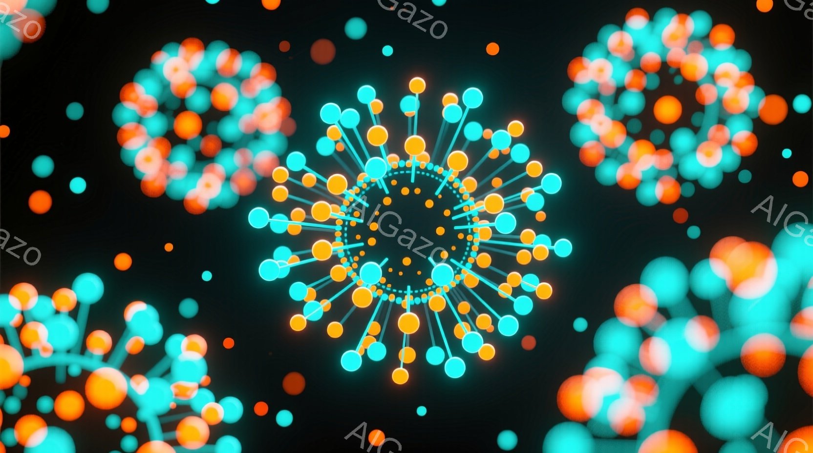 画像は暗い背景に、オレンジとターコイズブルーの球体で構成された複数のネットワーク状の構造物が浮かんでいます。これらの構造物は放射状に球体が配置され、細い線で繋がれており、まるでウイルスや分子構造を模し - AI生成フリー素材
