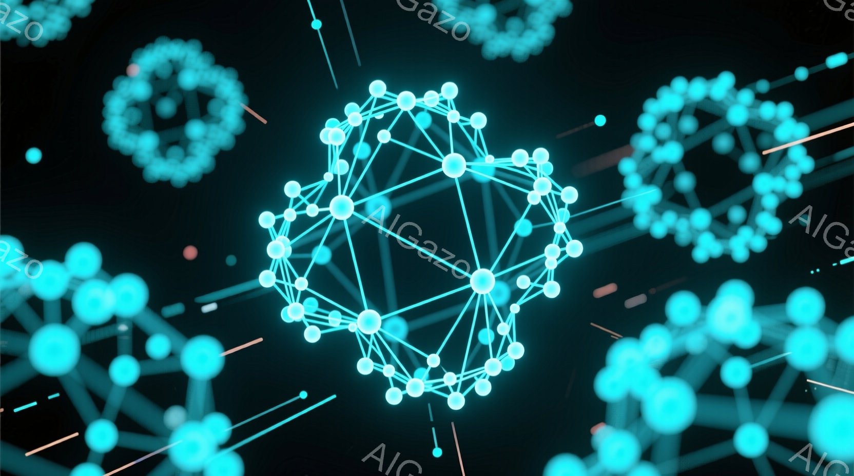 鮮やかな青色の光る線と球体で構成されたネットワークが、暗い背景に浮かび上がっています。球体同士は線で繋がれており、複雑な構造を作り出しています。全体的に未来的な雰囲気で、データやテクノロジーを連想させ - AI生成フリー素材
