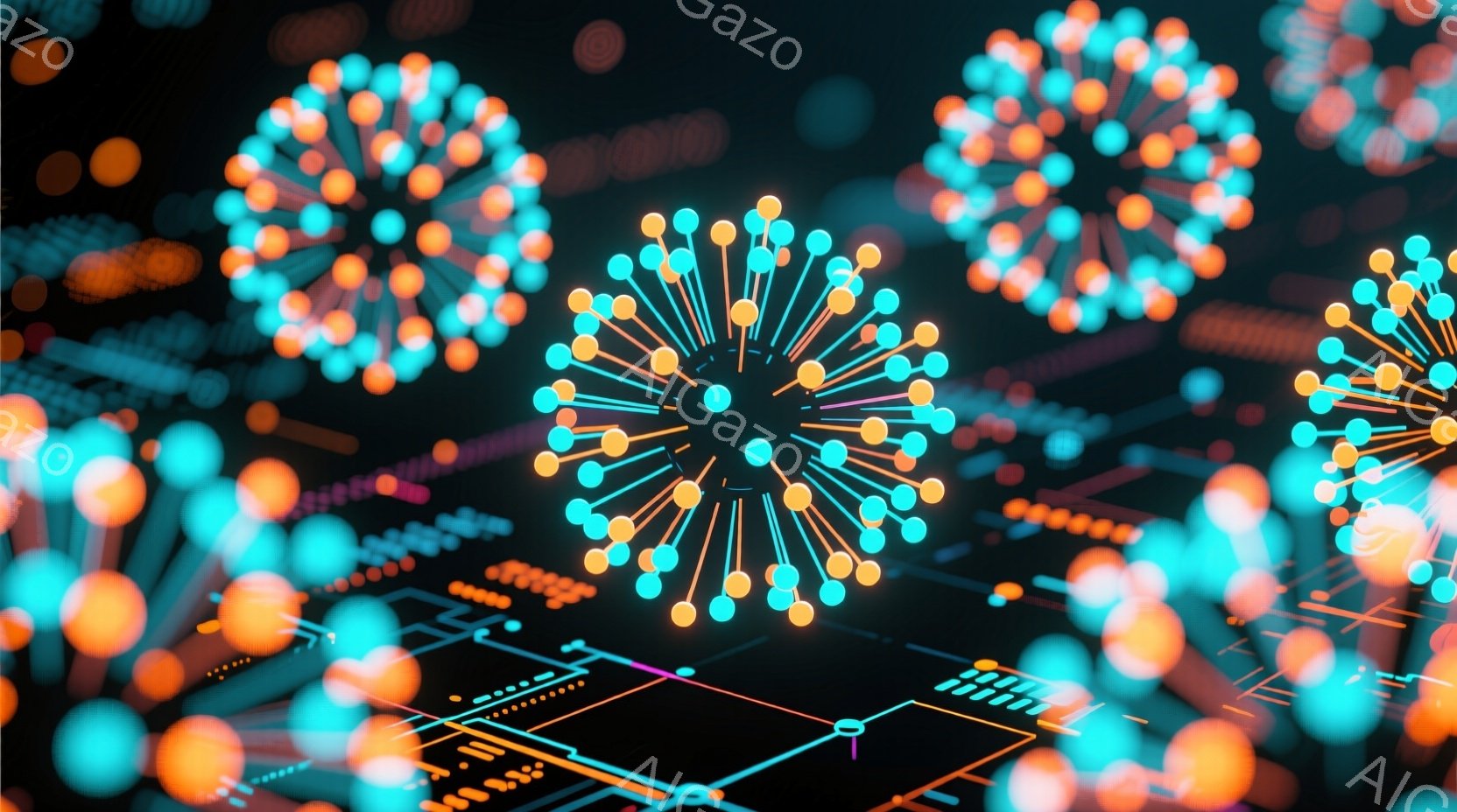 この画像は、暗い背景に浮かび上がる、球状の粒子が多数描かれた3Dレンダリングです。粒子はオレンジと青色の光を放ち、複雑な構造をしており、まるでウイルスや細胞の内部構造を模したかのような印象を与えます。背景には、回路のような線が描かれており、科学的または技術的なテーマを示唆しています。