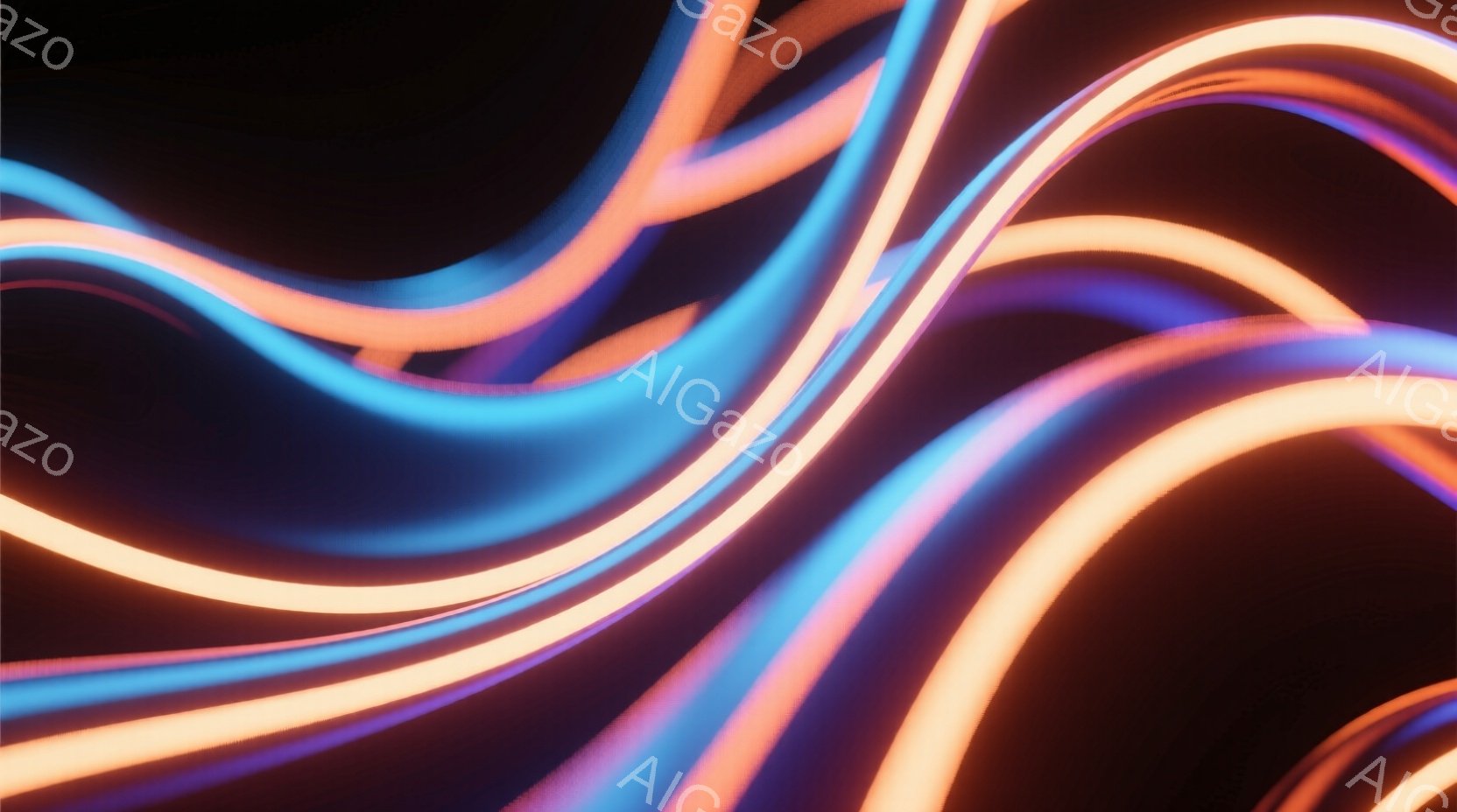 鮮やかなネオンライトが曲線を描き、暗い背景を照らしている。青、オレンジ、ピンク色の光が絡み合い、流れるような動きと未来的な雰囲気を生み出している。光の強さと色合いが、神秘的で幻想的な印象を与える。 - AI生成フリー素材