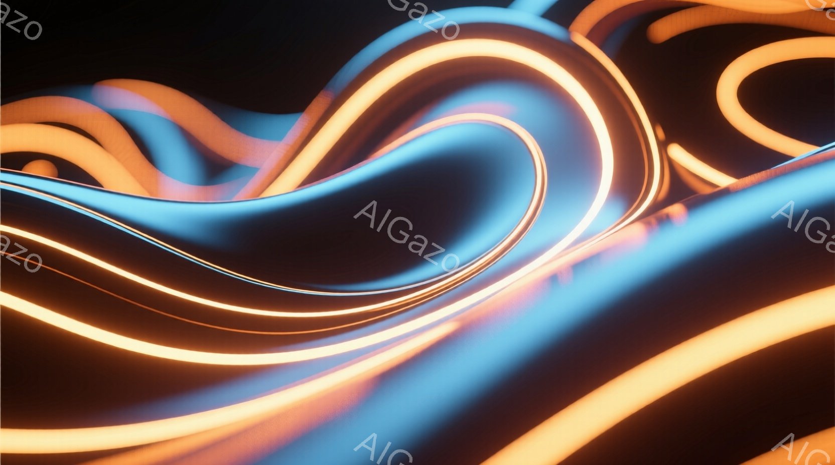 鮮やかなオレンジと青色の光の帯が、暗い背景の中で流れるように重なり合っている。それらはまるで抽象的な彫刻のような曲線を描き、光の強さと色のコントラストが視覚的なインパクトを与えている。全体的に未来的な雰囲気があり、流動的なエネルギーを感じさせる。