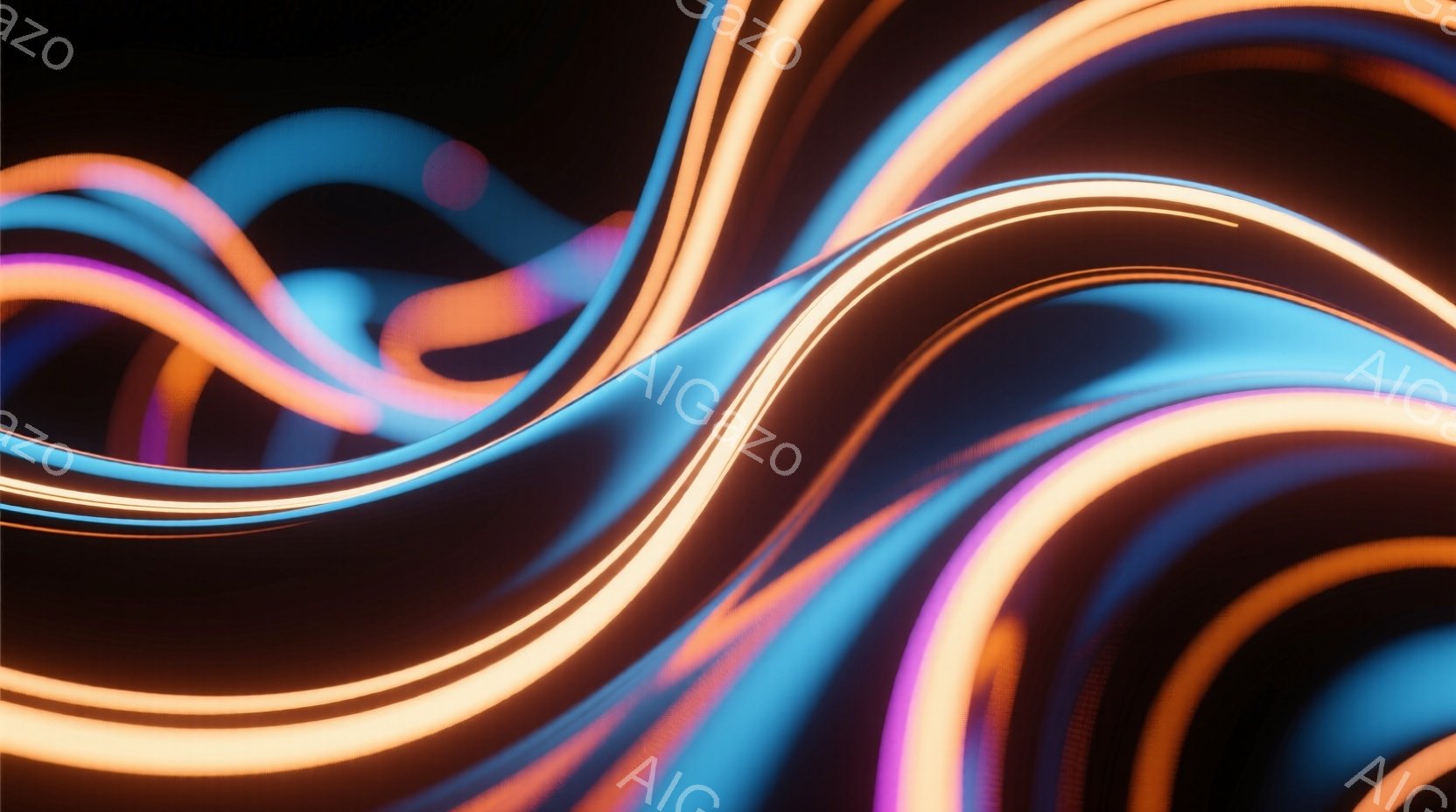 鮮やかなネオンカラーの光の線が、黒い背景の中で複雑に絡み合っている。光の線はオレンジ、青、紫の色合いを持ち、流れるような曲線を描き、未来的な印象を与える。全体的に、光のエネルギーと動きを感じさせる抽象的なイメージである。