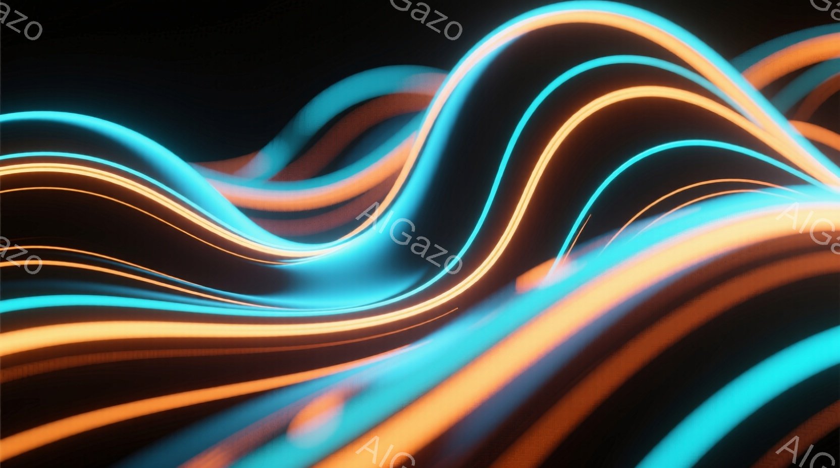 鮮やかなターコイズブルーとオレンジ色の光の帯が、黒い背景の中で流れるように重なり合っている。光の帯は曲線的で、まるでエネルギーの流れや抽象的な波のような印象を与える。全体的に未来的で、サイバーパンク的 - AI生成フリー素材