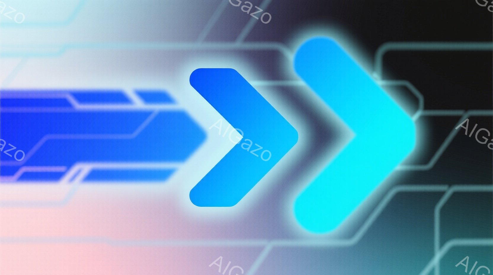 鮮やかな青色の矢印が背景に繰り返し現れる抽象的な画像です。背景は薄いピンクと紫のグラデーションで、未来的な回路のような線が描かれています。全体として、スピード感とテクノロジーを感じさせる、洗練された雰囲気です。