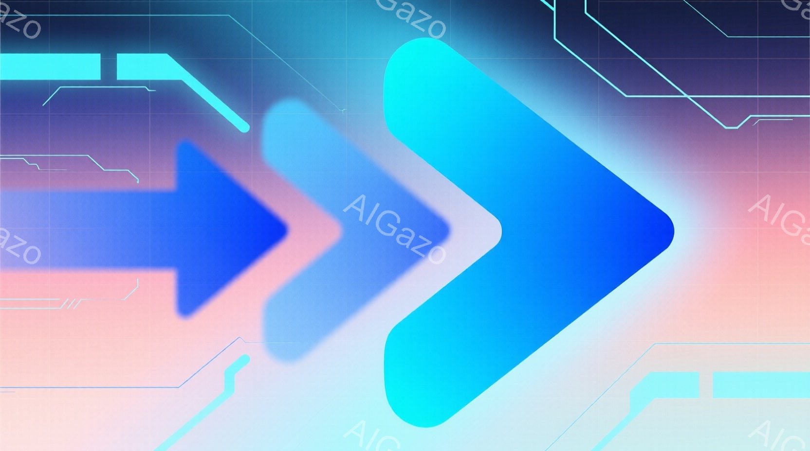 この画像は、鮮やかな青色の矢印が重なり合う抽象的な構成です。背景は、淡いピンクと紫のグラデーションで、まるで未来的な回路のような白い線が描かれています。全体的に、軽快でテクノロジーを感じさせる、洗練された雰囲気です。