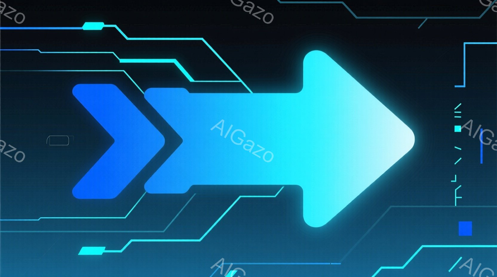 鮮やかな青色の矢印が画面中央に大きく配置されています。背景は暗いグレーで、細い青い線が回路のような模様を描いており、未来的な印象を与えます。矢印は右方向を指しており、スピード感と推進力を感じさせるデザインです。