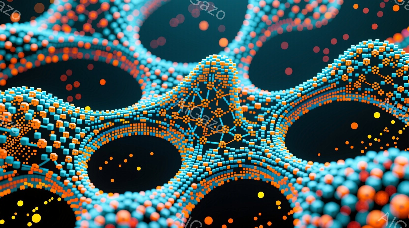 鮮やかなオレンジとターコイズブルーの小さな立方体が連なり、複雑な幾何学模様を形作っています。黒い背景に浮かび上がり、まるでデジタルな生命体の血管のような、または有機的な回路のような印象を与えます。全体的に未来的な、そしてどこか神秘的な雰囲気を醸し出しています。