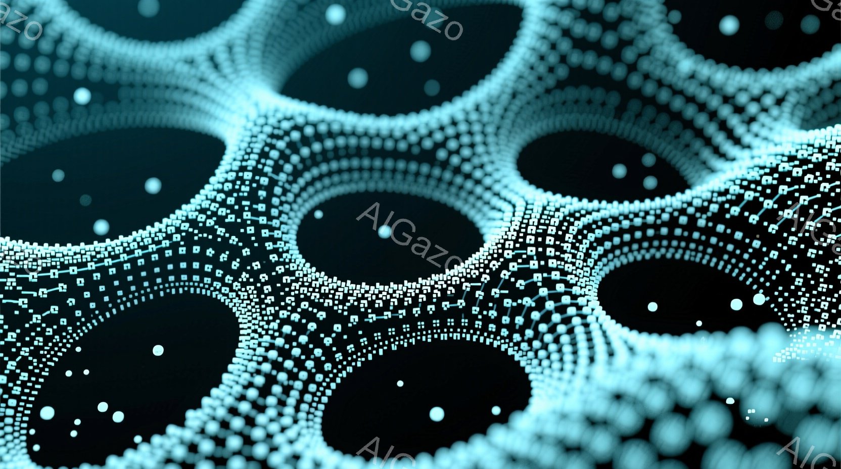 この画像は、暗い背景に浮かぶ複雑な青い粒子構造の抽象的な表現です。粒子は線で結ばれ、まるで神経細胞ネットワークや血管のような有機的な形を作り出しています。全体的に未来的で、テクノロジーと生命科学を融合させたような雰囲気があります。