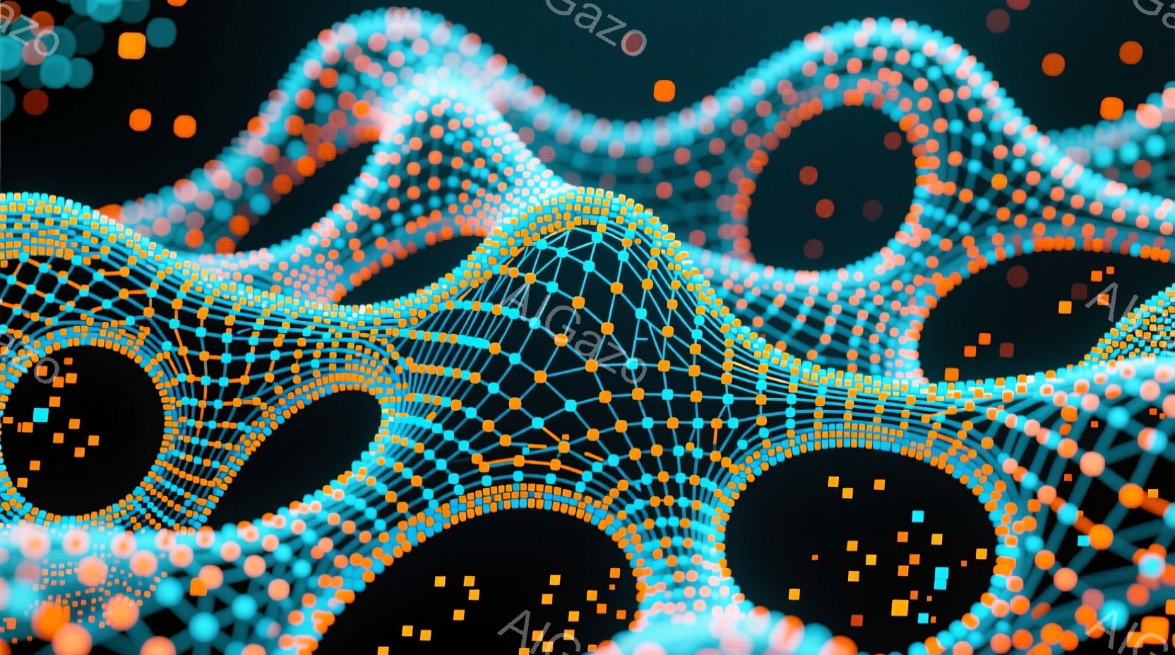 この画像は、暗い背景に浮かぶ、複雑なネットワーク構造の抽象的な表現です。ターコイズブルーの線で構成された網の目が、オレンジ色の球体で繋がれ、まるで生命のネットワークやデータストリームのような印象を与えます。全体的に未来的な雰囲気で、科学技術やデジタル世界の表現として捉えることができます。