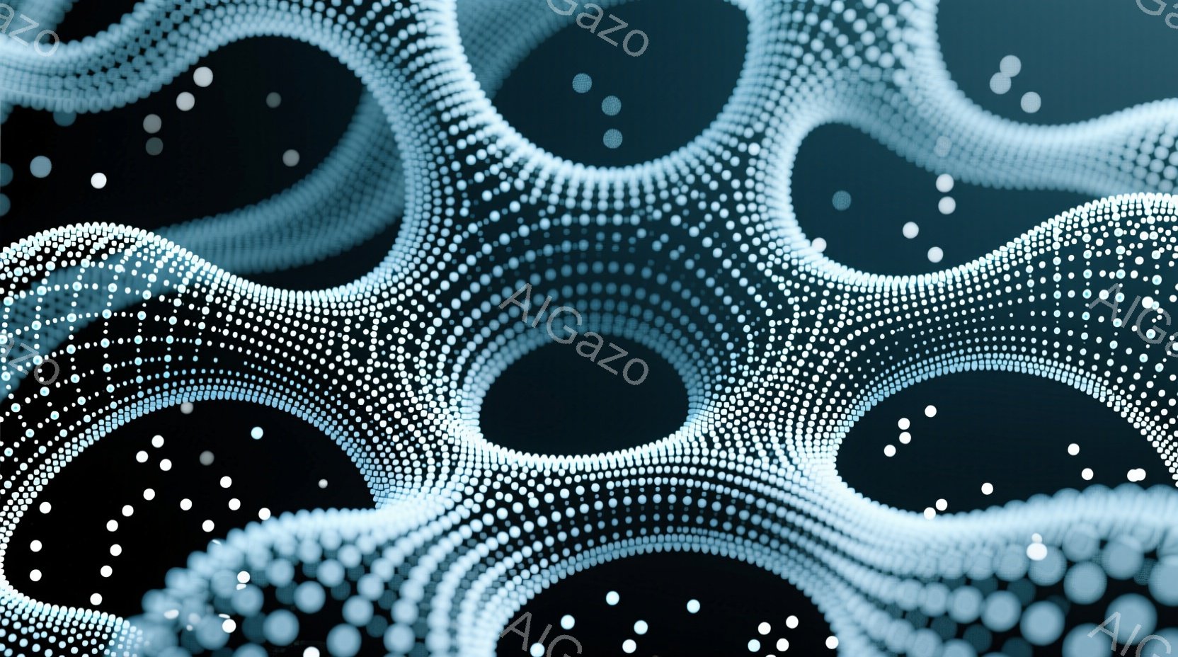 この画像は、黒い背景に浮かぶ、複雑な白いドット模様の構造体を描いています。渦巻き状に絡み合った線が、まるで神経細胞や血管のような有機的な印象を与え、中央にはいくつかの空洞が見られます。全体的に未来的な雰囲気で、生命とテクノロジーが融合したような、神秘的なイメージです。