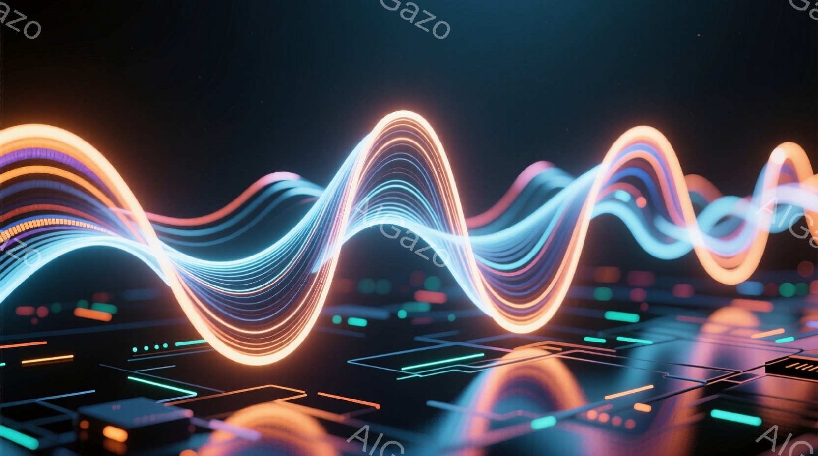 鮮やかなオレンジと青色の光の波が、暗い背景に流れています。波の下には、緑と青の細い光の線が規則的に並んだ、回路基板のようなものが広がっています。全体的に、未来的なテクノロジーとエネルギーの流れを表現した、抽象的でダイナミックなイメージです。