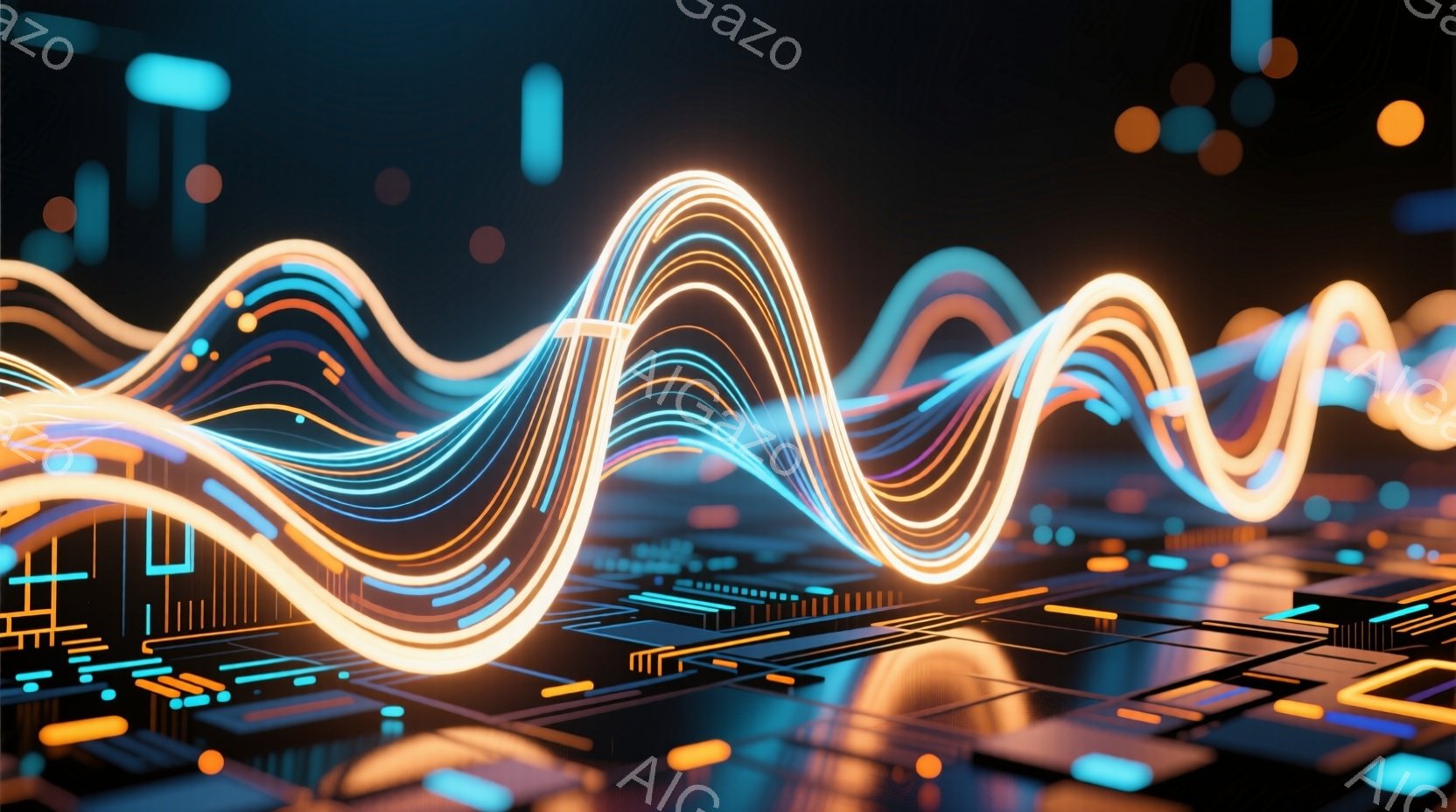 画像は、暗い背景に浮かぶ、明るいネオンカラーの波のような光の線で構成されています。下部には、電子回路のような複雑なパターンが広がっており、光の線はまるで信号やエネルギーの流れを視覚化したかのようです。全体的に未来的な雰囲気で、テクノロジーやデジタル世界のイメージを喚起させます。