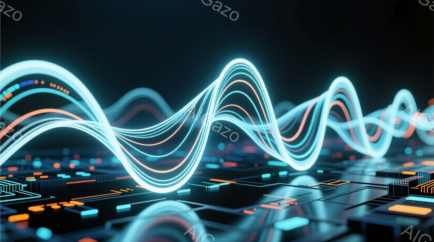 この画像は、複雑な電子回路基板上に、光る波形のラインが複数重なって描かれています。青とオレンジの光が、基板の細かい構造と相まって、未来的なテクノロジーのイメージを喚起します。全体的に、暗い背景と鮮やか - AI生成フリー素材