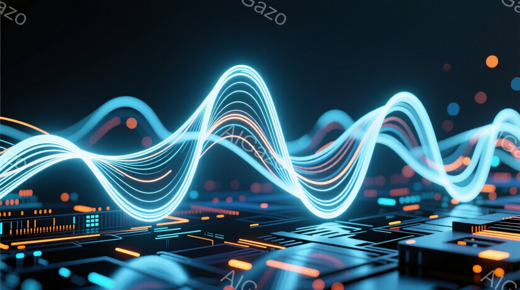 鮮やかな青とオレンジ色の光の波が、複雑な電子回路基板の上を流れる様子が描かれています。基板上には多数の小さな発光ダイオードが点在し、未来的な雰囲気を醸し出しています。全体的に、テクノロジーとエネルギー - AI生成フリー素材