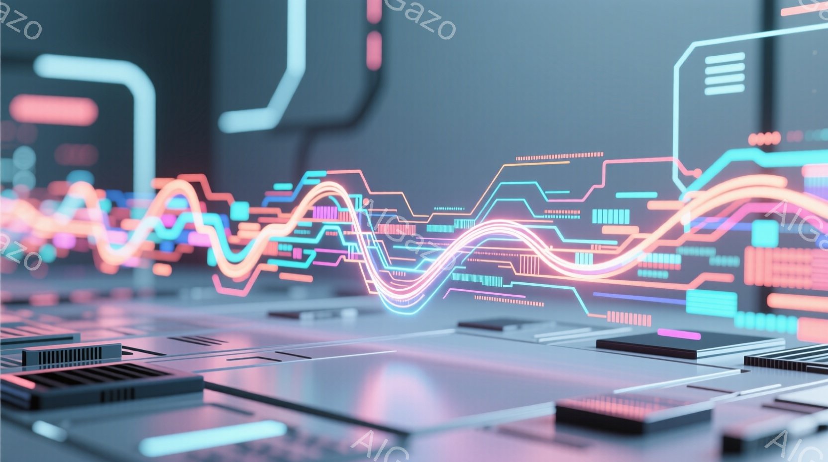 この画像は、複雑な回路基板上に鮮やかな光の波が流れる様子を描写しています。ネオンピンク、ターコイズブルー、紫色の光が幾重にも重なり合い、未来的でテクノロジーを感じさせる雰囲気を醸し出しています。基板上の電子部品と光のコントラストが、情報処理やデータストリームを視覚的に表現しているようです。