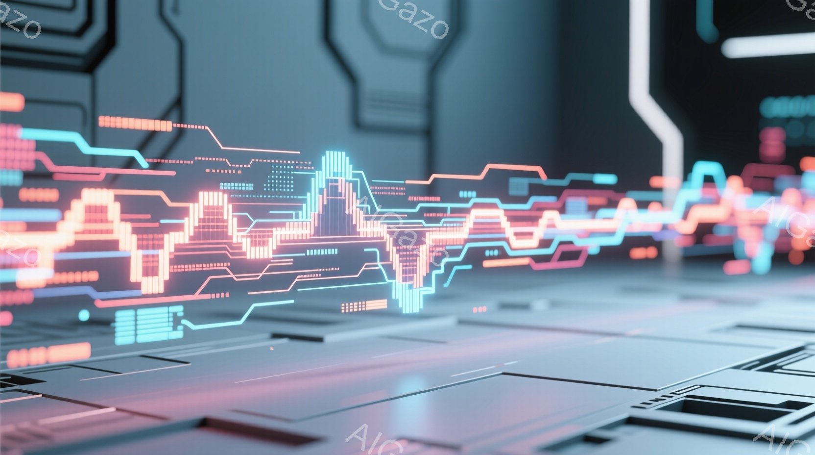 この画像は、未来的な回路基板を模した抽象的な光景を描いています。鮮やかなネオンブルーとオレンジ色の光が、複雑な回路パターンを形成し、まるで都市の夜景のようにも見えます。全体的に、テクノロジーと未来的な - AI生成フリー素材