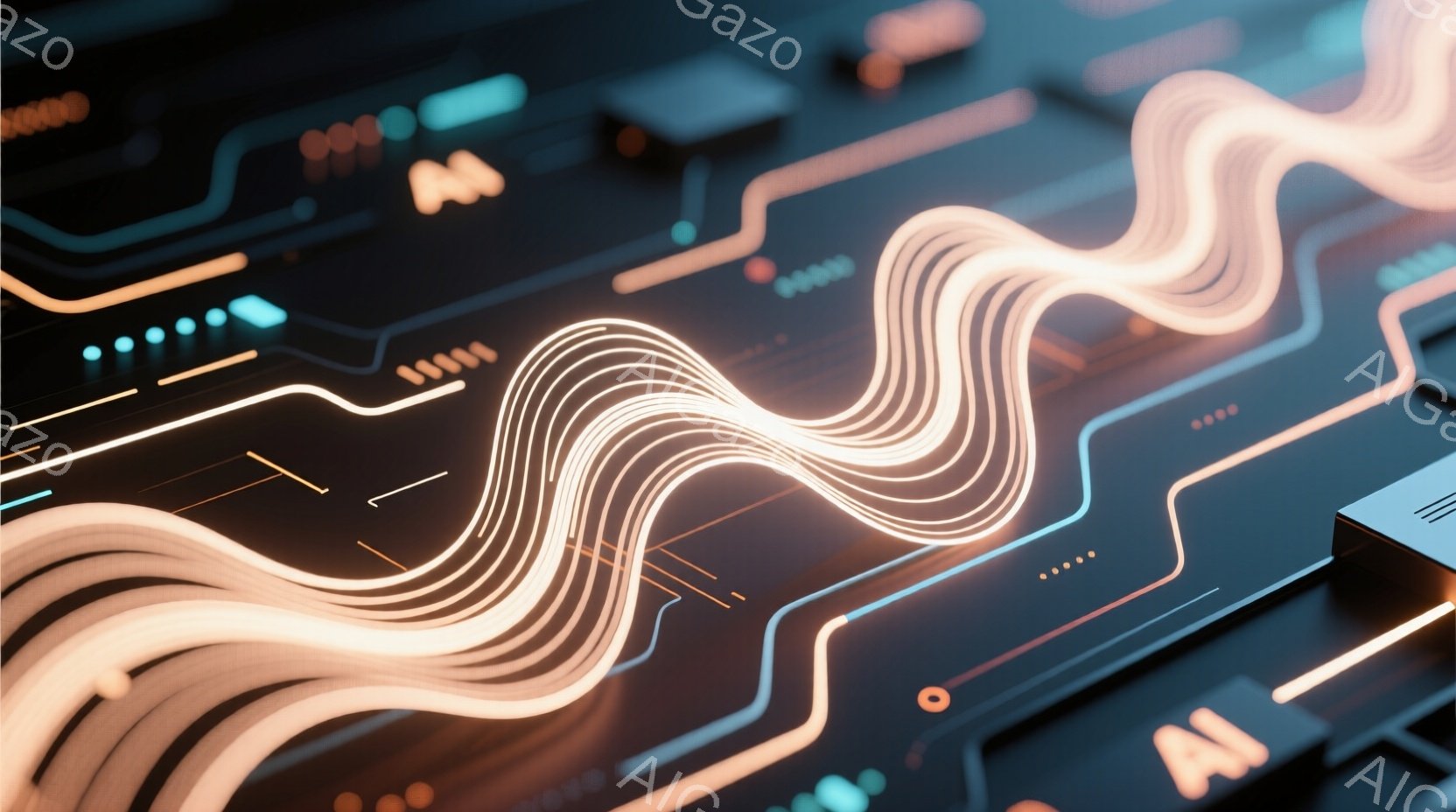 この画像は、複雑な回路基板をクローズアップしたもので、オレンジ色の光の線が流れるように描かれています。基板上には小さな電子部品や回路が配置され、全体的に未来的なデジタル空間を表現しています。左下には「 - AI生成フリー素材