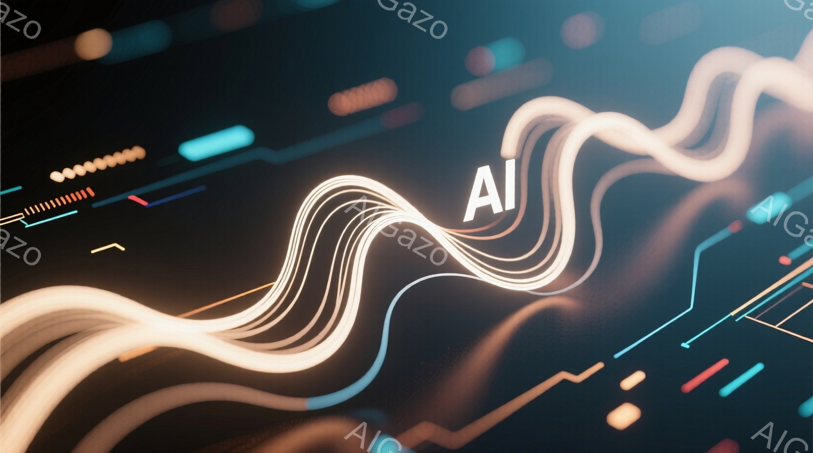 鮮やかなオレンジ色の光の線が、暗い青色の背景を蛇行しながら流れています。背景には、細い赤い光の線や青い帯、そして小さな光点が散りばめられ、未来的な回路やネットワークを連想させます。 全体的に、流動的で - AI生成フリー素材