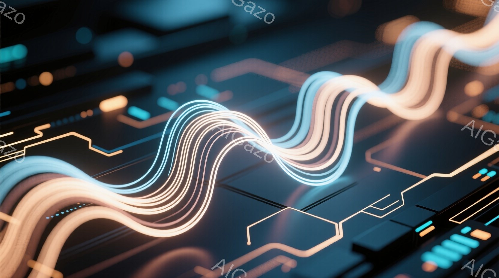 この画像は、複雑な回路基板を背景に、光の帯がうねるように流れる様子を捉えたものです。明るいオレンジと青色の光は、未来的なテクノロジーやエネルギーの流れを想起させ、滑らかで有機的な曲線が、回路の直線的な構造と対照をなしています。全体的に、鮮やかな色彩と光の表現が、革新的な雰囲気を作り出しています。