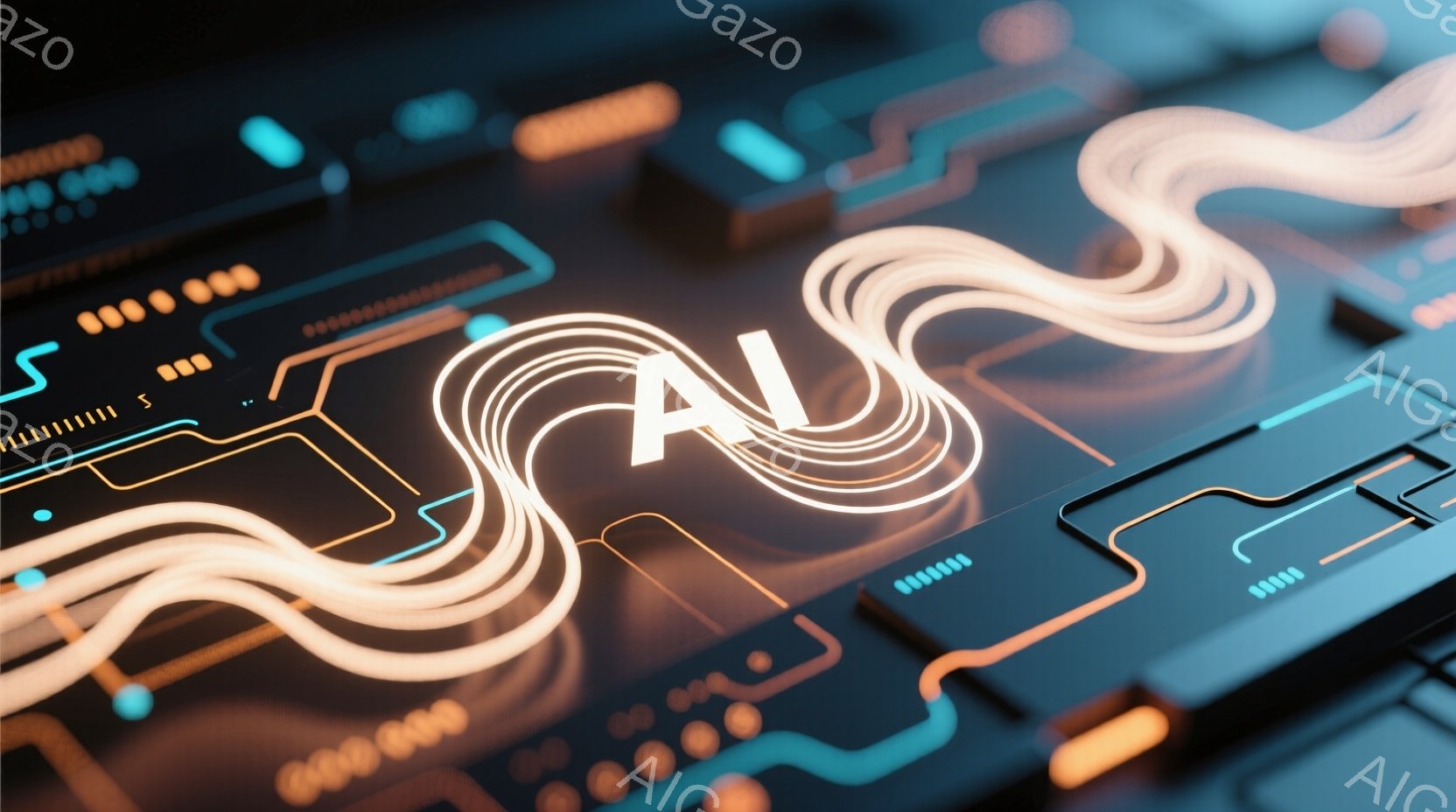 この画像は、暗い背景に回路基板が描かれており、その上に明るいオレンジ色の光の線が「AI」という文字を形作っています。回路基板は青と黒の配色で、電子機器の内部構造を想起させます。全体的に未来的な雰囲気で - AI生成フリー素材