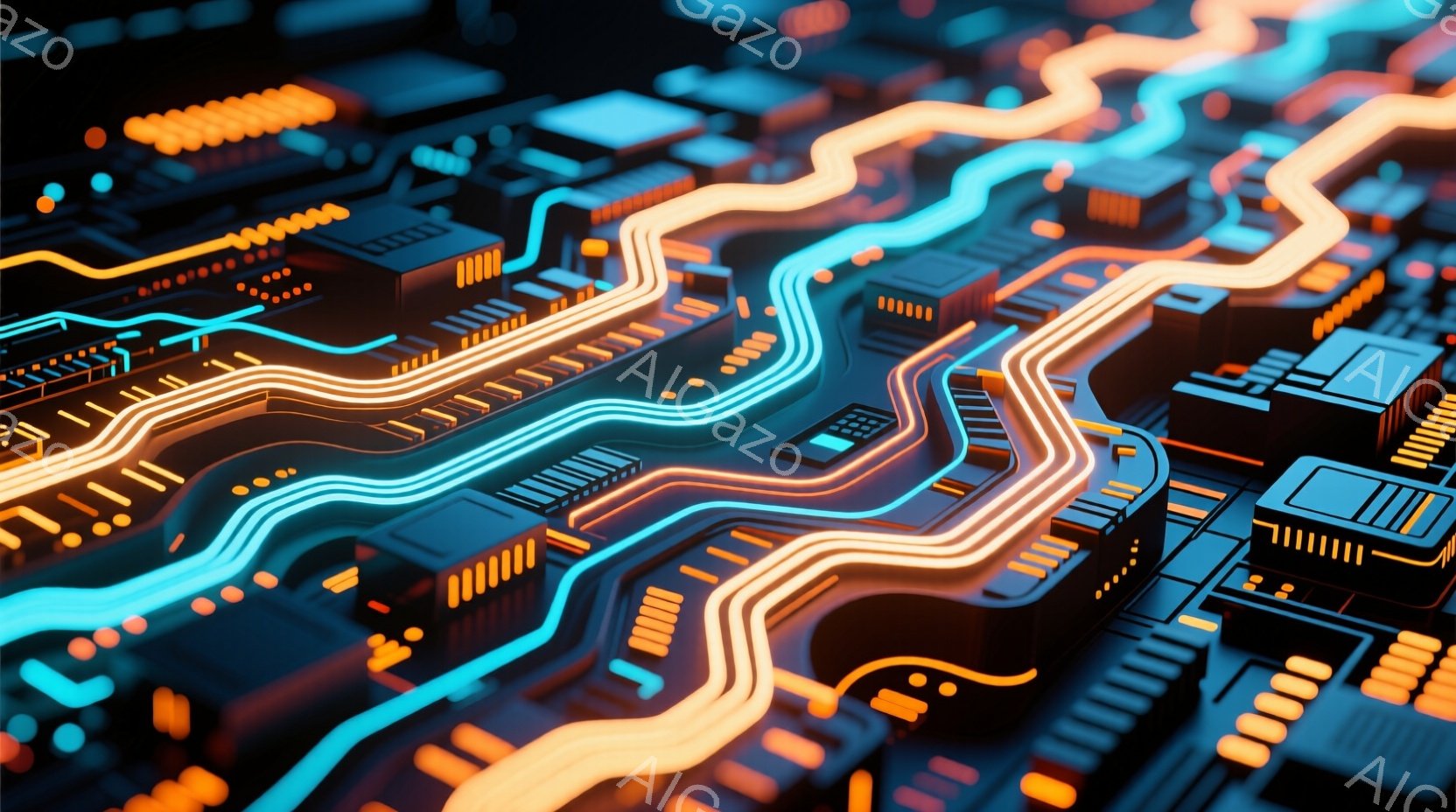 この画像は、鮮やかなネオンカラーの回路基板を極端にクローズアップしたものです。オレンジ色と青色の光が複雑に絡み合い、未来的なテクノロジーの風景を形成しています。全体的に、光沢があり、ハイテクで、電気的 - AI生成フリー素材