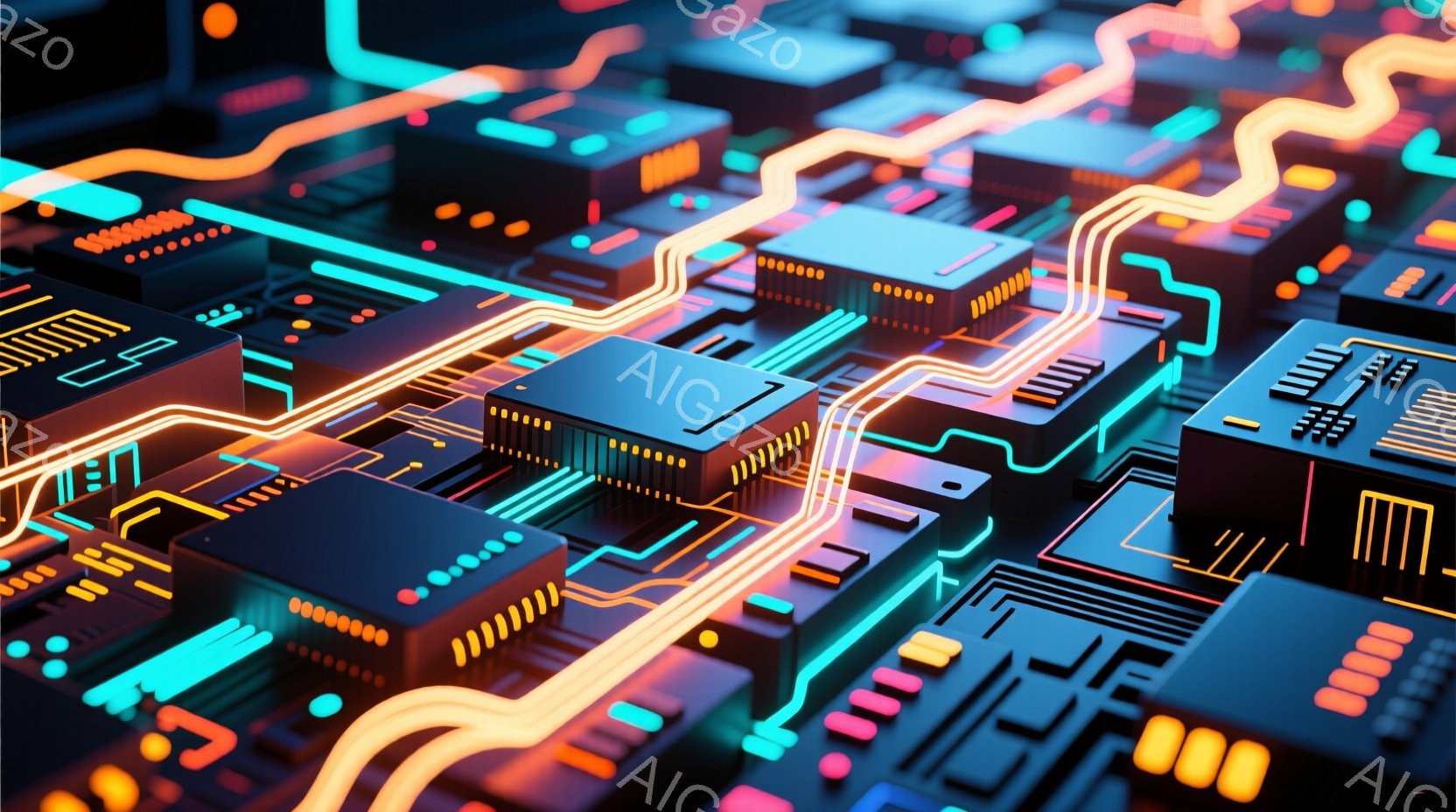 この画像は、複雑な回路基板をクローズアップしたもので、ネオンブルー、ピンク、オレンジ色の光が流れ、未来的な印象を与えます。細い線や四角形、チップが密集し、まるで電子都市の俯瞰図のようです。全体的に鮮や - AI生成フリー素材