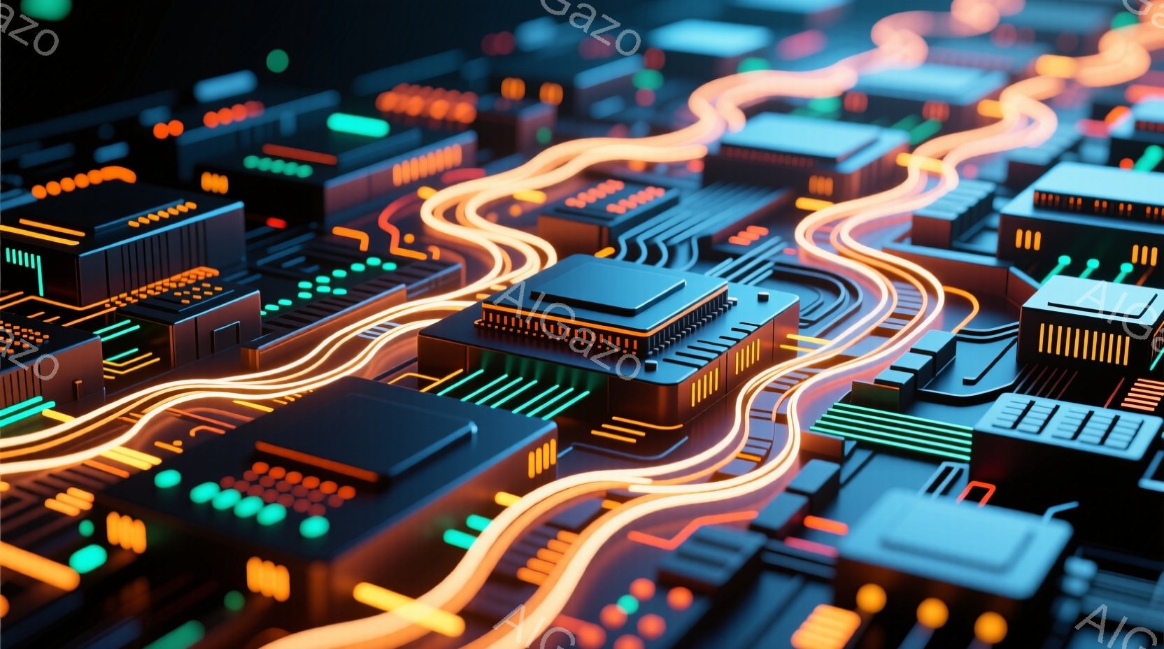 この画像は、複雑な電子回路を抽象的に表現したものです。黒い基板上に、様々な電子部品が密集し、ネオンカラーの光のラインがそれらを繋いでいます。全体的に未来的な雰囲気で、テクノロジーの進化やデジタル世界の - AI生成フリー素材