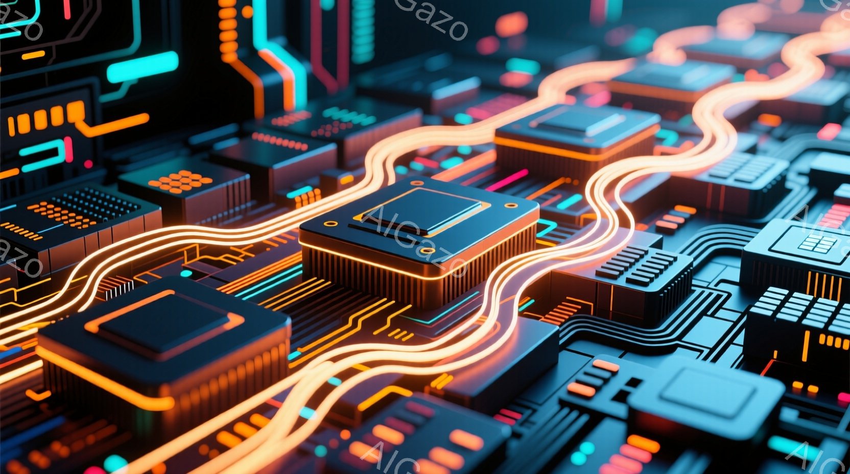 この画像は、複雑な回路基板をクローズアップしたものです。鮮やかなオレンジ色の光ファイバーが基板上を走り、青や赤の電子部品が密集して配置されています。全体的に未来的な雰囲気で、テクノロジーの進化と複雑さを表現しているように見えます。