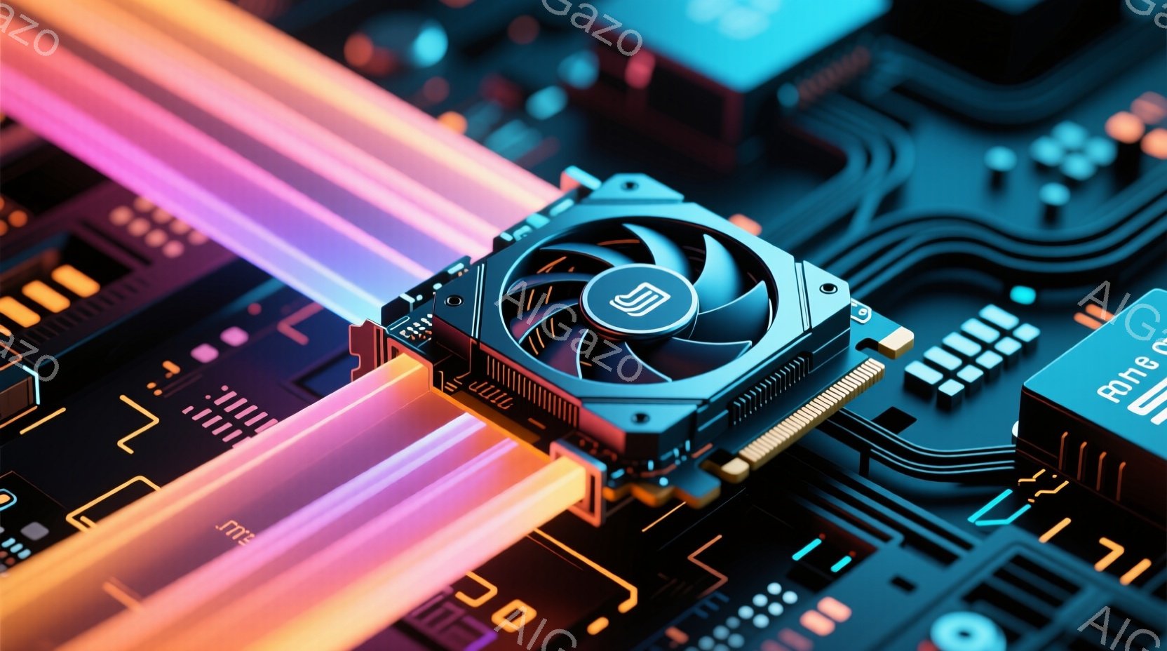 この画像は、複雑な回路基板のクローズアップであり、中央には小型の冷却ファンが搭載されたチップが配置されています。鮮やかなネオンピンクの光線が回路基板上を横切り、技術的で未来的な雰囲気を醸し出しています。基板全体は様々な電子部品で構成され、精密さと複雑さを強調しています。