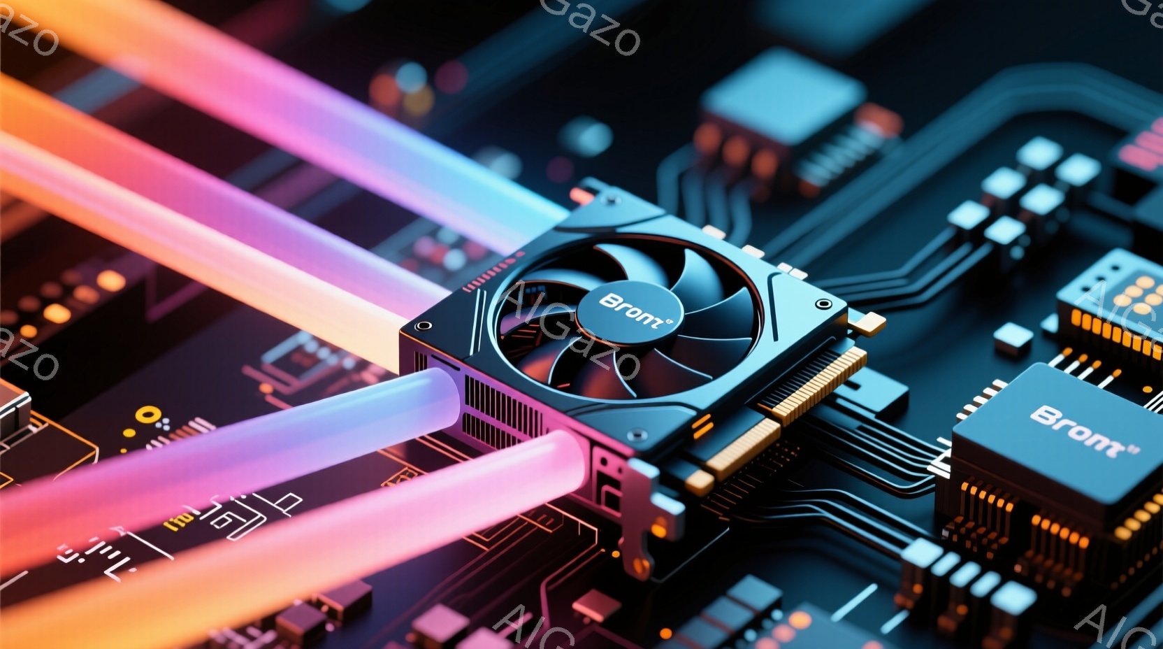 この画像は、回路基板上に設置されたグラフィックボードをクローズアップしたものです。ボードは黒色で、冷却ファンとブランド名「Bront」がはっきりと見えます。基板は鮮やかなピンクと青色の照明で強調され、 - AI生成フリー素材