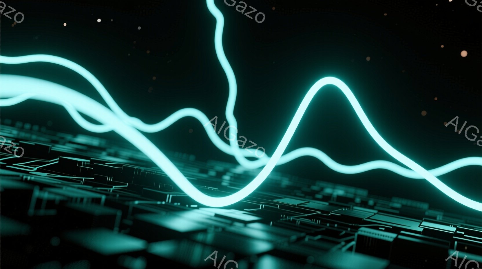 この画像は、青緑色の複雑な回路基板の上に、光る波のような線が幾重にも重なった様子を捉えています。回路基板は精密な構造をしており、波線はまるでエネルギーの流れや信号の伝達を視覚化したかのようです。全体的に暗く、未来的な技術とデジタル世界の雰囲気を醸し出しています。