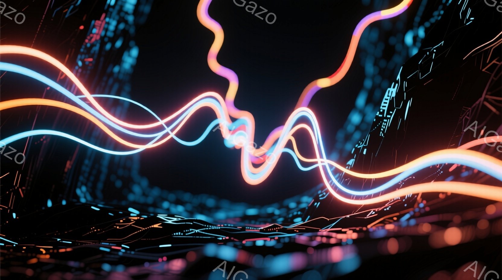 鮮やかなネオンカラーの光線が、暗闇の中で複雑に絡み合いながら流れています。光はオレンジ、青、ピンク色をしており、未来的な回路やデジタル空間を連想させる背景がぼやけて見えます。全体的に、エネルギーとスピ - AI生成フリー素材