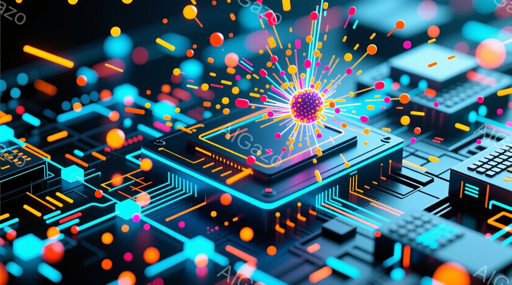 この画像は、複雑な回路基板を背景に、中心に光り輝くプロセッサチップを描いています。チップからは様々な色の光の粒子が放射状に広がり、まるでエネルギーが放出されているかのような印象を与えます。全体的に、未 - AI生成フリー素材
