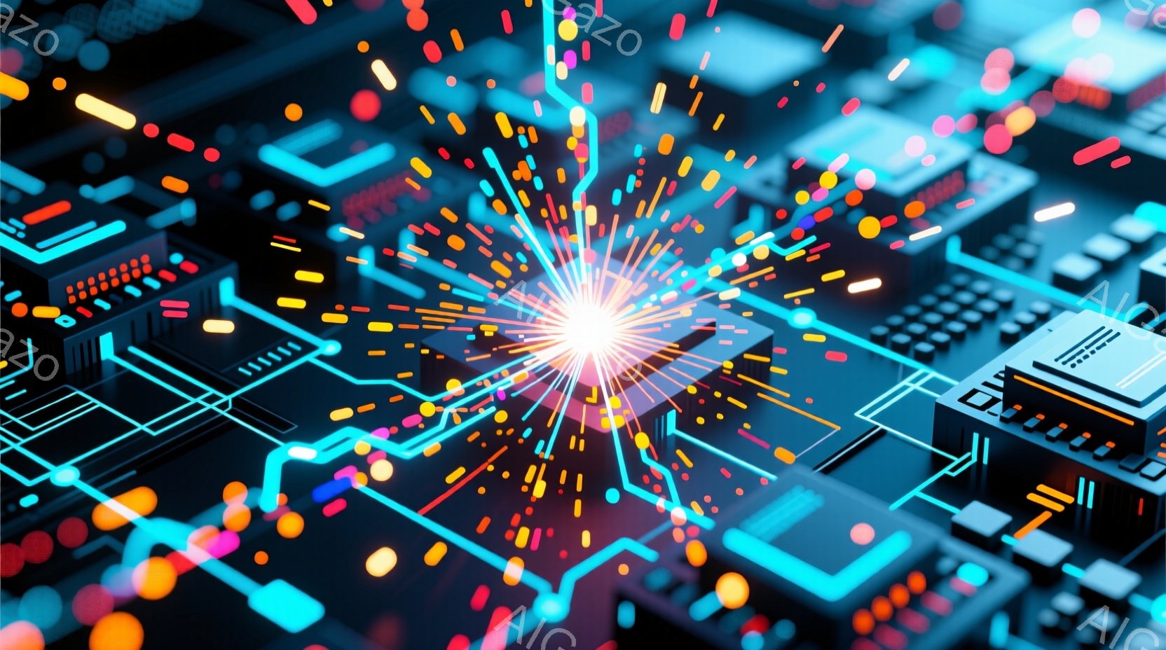 この画像は、回路基板のような青色の線で構成された未来的な都市景観を描いています。中心部には明るい光の爆発があり、そこから色とりどりの光の粒子が四方八方に飛び散り、ダイナミックでエネルギーに満ちた雰囲気 - AI生成フリー素材