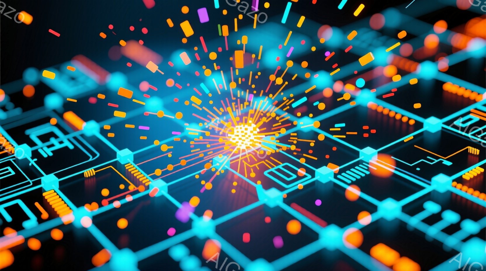 この画像は、明るい青色の回路基板のような背景に、中央でオレンジと黄色の光が爆発するように放射状に広がっている様子を描写しています。多くの小さな赤い、紫、オレンジ色の光点が、回路を構成する線に沿って散らばっており、まるでデータがネットワークを流れているかのような印象を与えます。全体的に、未来的でテクノロジーを感じさせる鮮やかな光の表現が特徴的です。
