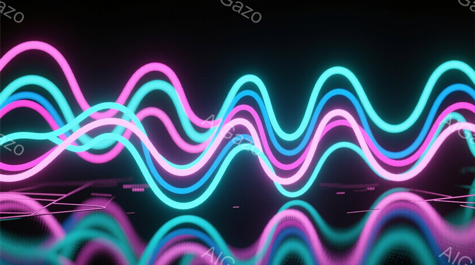 鮮やかなピンクと水色の光の線が、波のように繰り返しながら空間を横切っています。下部には、光の点と線が遠近感を作り出し、未来的な雰囲気を作り出しています。全体的に、ネオンライトのような光彩が、現代的で抽 - AI生成フリー素材