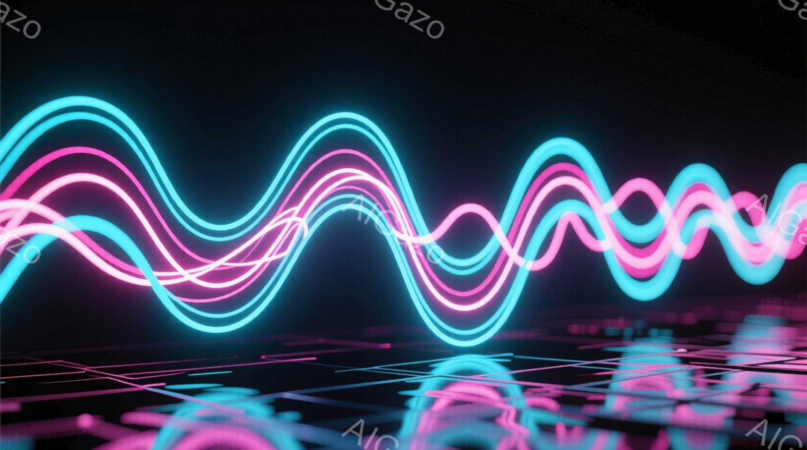 鮮やかなピンクと水色の波線が、暗い背景に幾重にも重なって描かれている。波線は、まるで光の軌跡のように光り輝き、暗いグリッド状の床に反射している。全体的に未来的で、サイバーパンクな雰囲気を感じさせるデジ - AI生成フリー素材