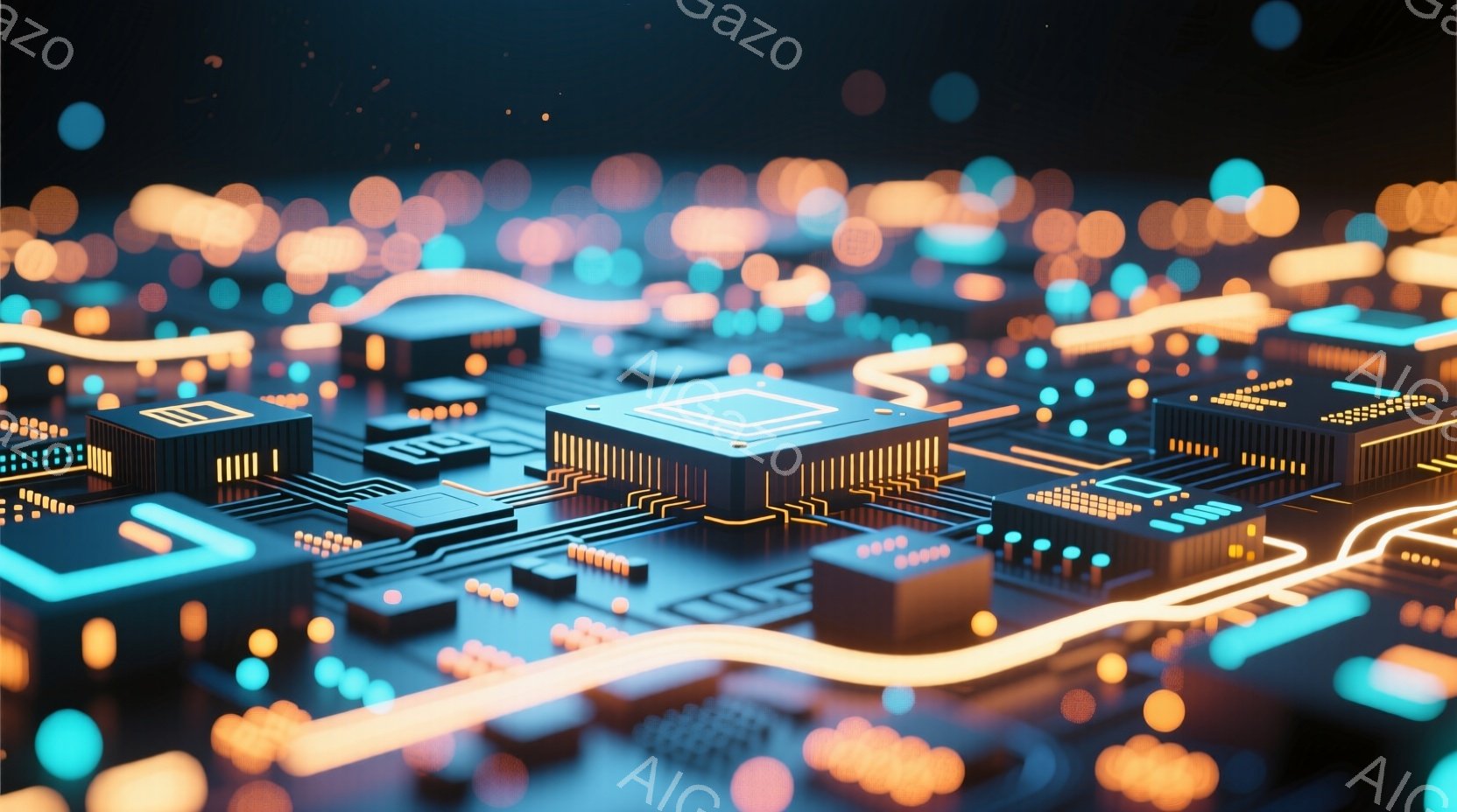 この画像は、電子回路基板を拡大したもので、鮮やかな青とオレンジ色の光が特徴的です。複雑な配線とチップが立体的に配置され、未来的なテクノロジーの雰囲気を醸し出しています。背景は暗く、回路の光が際立つことで、高度な情報処理やネットワークを連想させます。