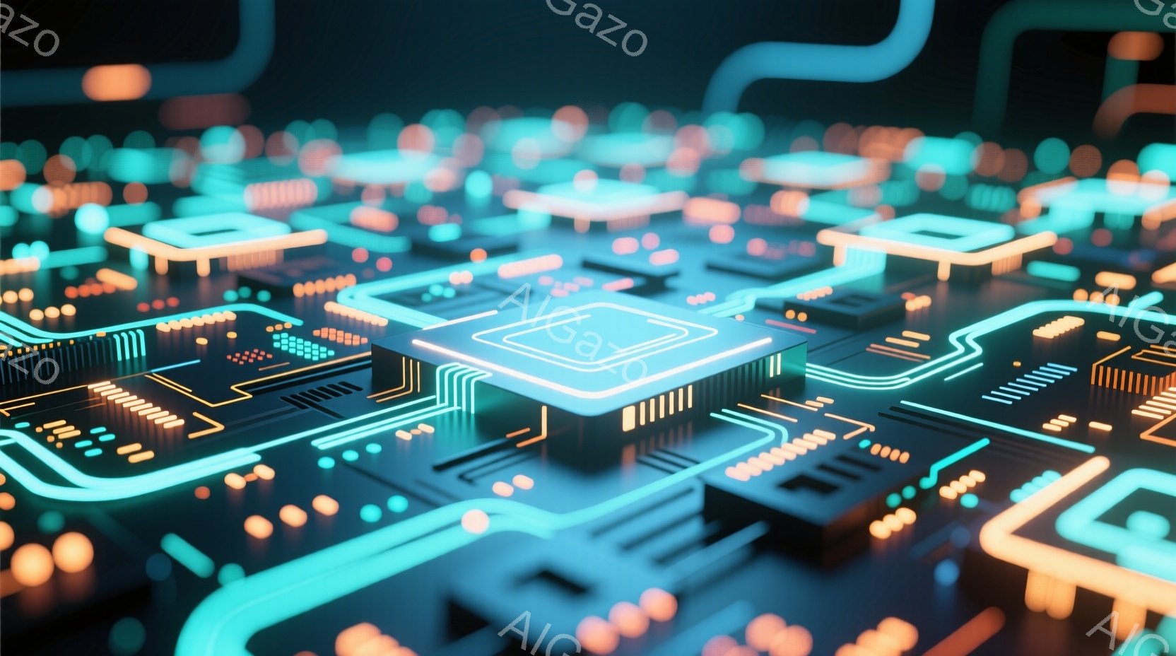 この画像は、複雑な回路基板をクローズアップしたものです。鮮やかなネオンブルーとオレンジ色の光が回路を照らし、未来的な印象を与えます。基板の中心には、発光するチップが配置されており、技術的な精密さを強調 - AI生成フリー素材