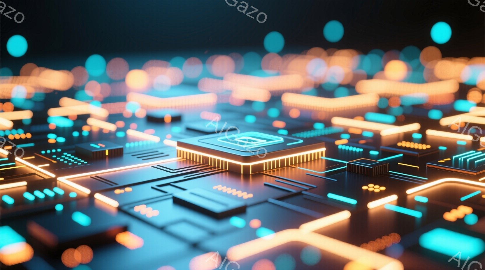 この画像は、青い基板上に配置された複雑な回路とチップをクローズアップで捉えています。鮮やかなオレンジと青色のネオンライトが回路を縁取り、未来的な雰囲気を醸し出しています。背景は暗く、ぼやけた光点が散り - AI生成フリー素材