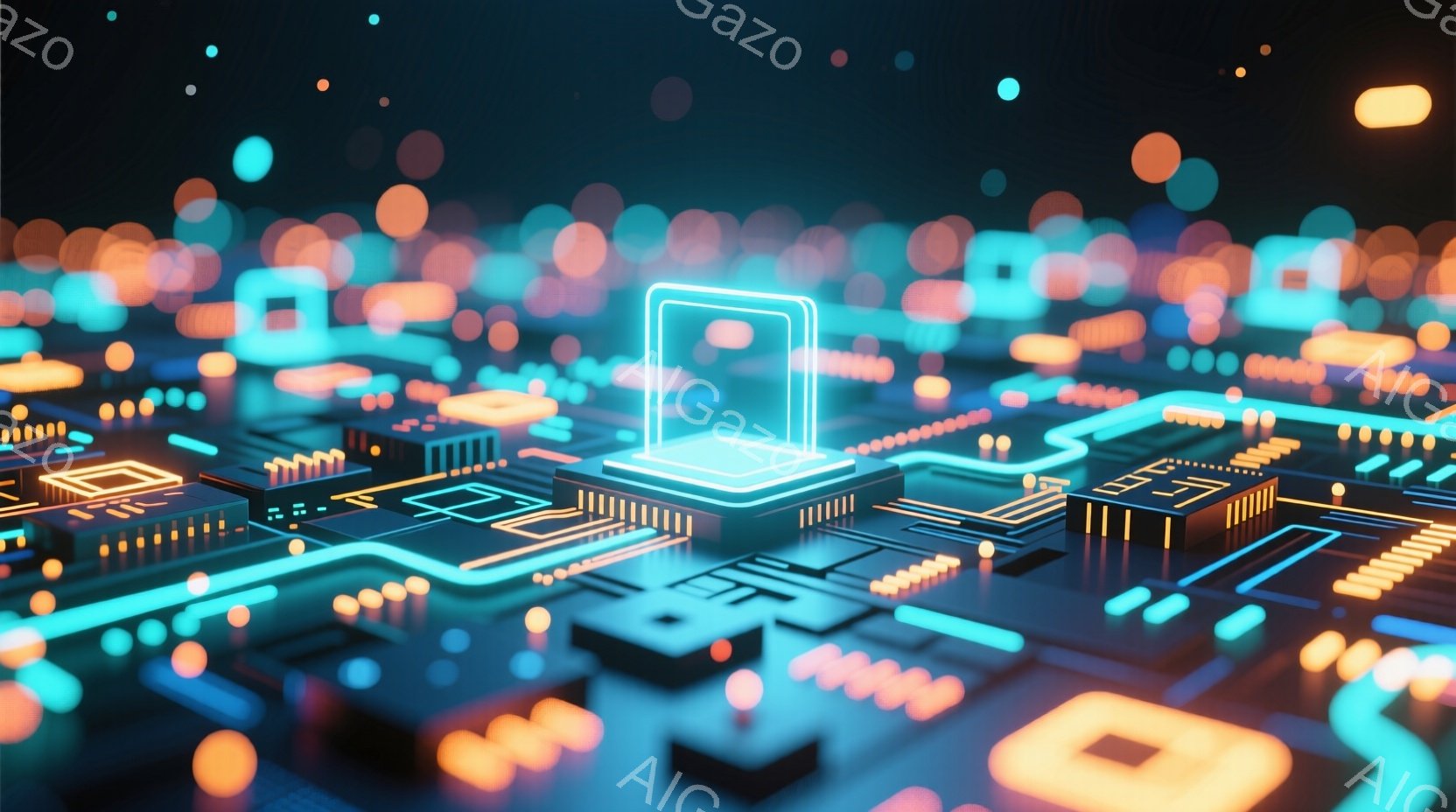 この画像は、鮮やかなネオンカラーで照らされた電子回路基板を捉えています。複雑な配線とチップが密集し、未来的な都市景観を連想させるような視覚効果を生み出しています。全体的に、テクノロジー、接続性、そしてデジタル世界の抽象的な表現として描かれています。