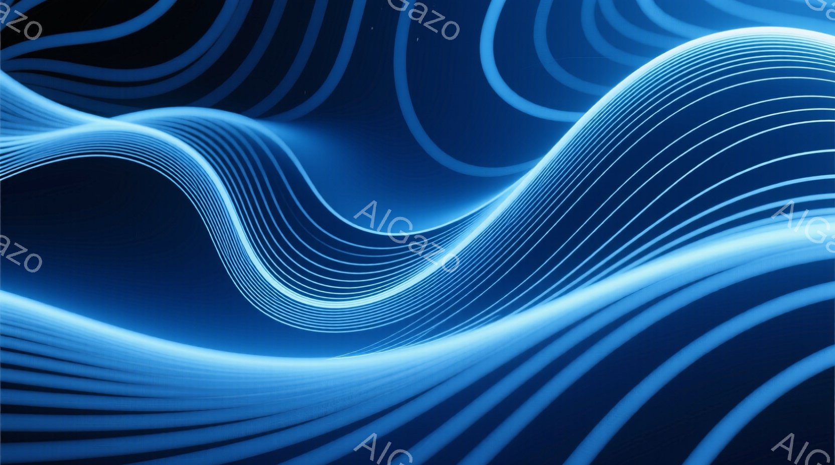 この画像は、青色の発光線が波打って流れる抽象的な表現です。線は流線型で、まるでエネルギーの流れや水の流れを視覚化したかのようです。全体的に未来的な雰囲気で、深みのある青色が神秘的な印象を与えます。 - AI生成フリー素材