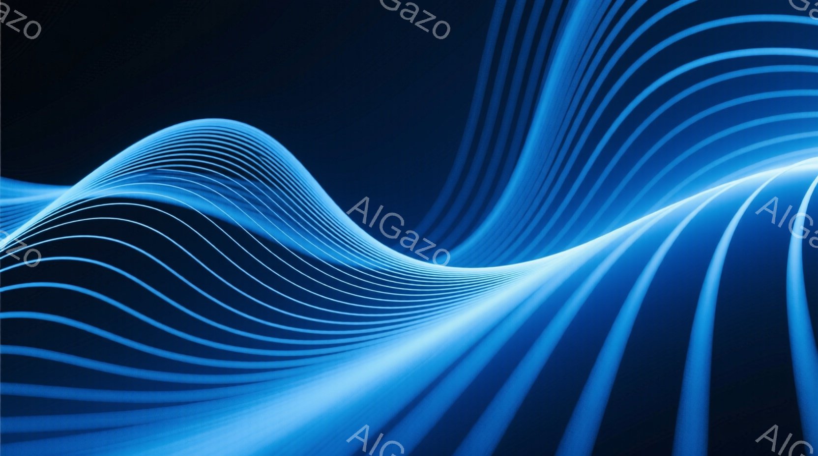 鮮やかな青色の光の線が、まるで波動のように流れる様子が描かれています。線は均等な間隔で並び、あたかもエネルギーの流れやデジタルな回路を連想させるような抽象的な表現です。背景は暗く、光の線が際立つことで - AI生成フリー素材